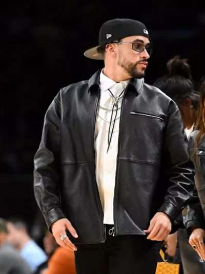 Bad Bunny Lakers Game Black Leather Jacket