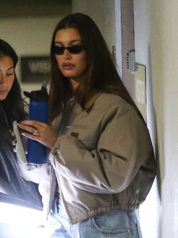 Hailey Bieber Beverly Hills Beige Bomber Jacket