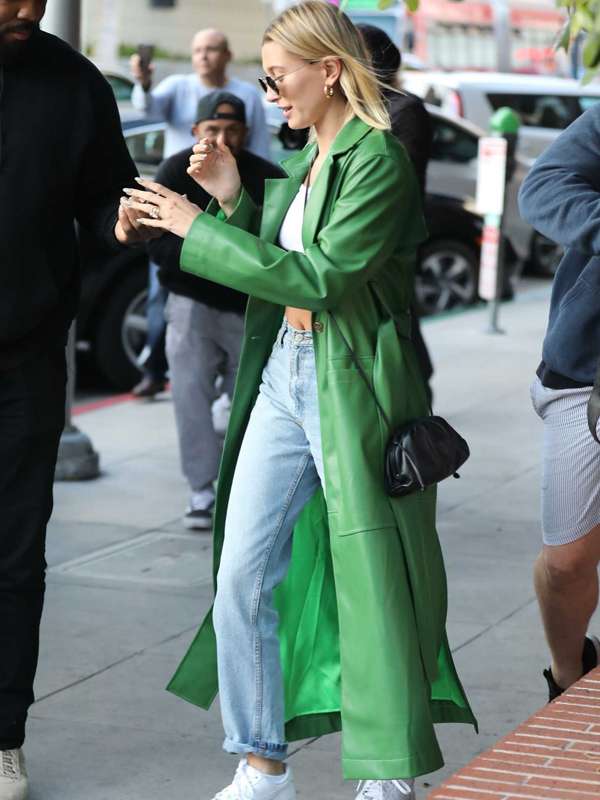Hailey Bieber LA Street Style Leather Coat