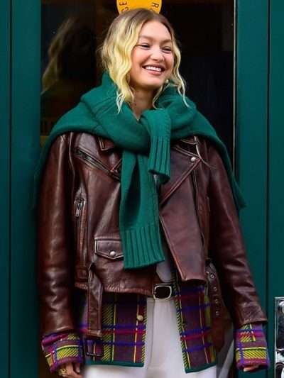 Gigi Hadid NYC 2024 Brown Leather Jacket