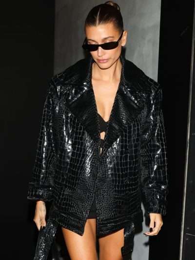 Hailey Bieber Paris Fashion Week Black Leather Jacket