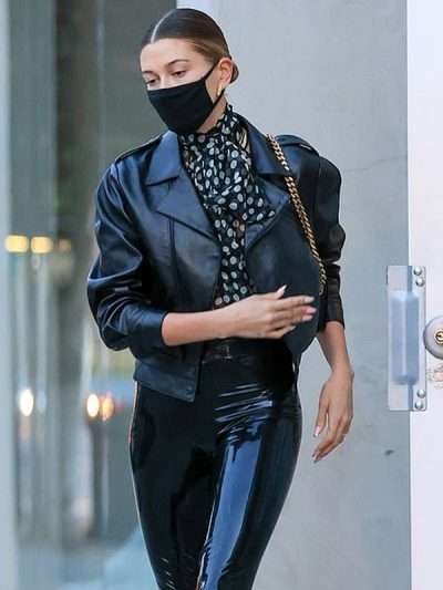 Hailey Bieber Street Style Black Biker Leather Jacket