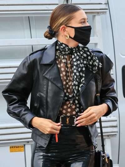 Hailey Bieber Street Style Black Leather Jacket
