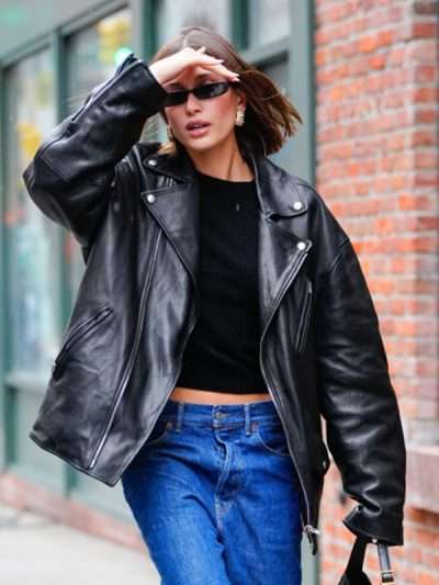 Hailey Bieber NYC 2023 Black Leather Jacket