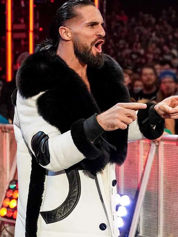 Seth Rollins WWE RAW White Shearling Leather Coat