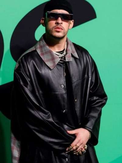 Spotify Awards Bad Bunny Black Leather Trench Coat