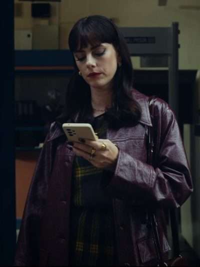 Kaya Scodelario The Gentlemen Maroon Leather Coat