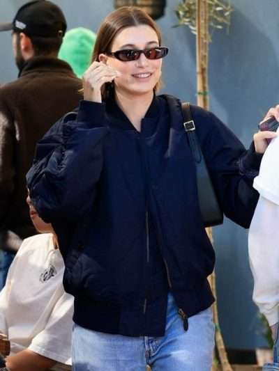 American Model Hailey Bieber Blue Bomber Jacket