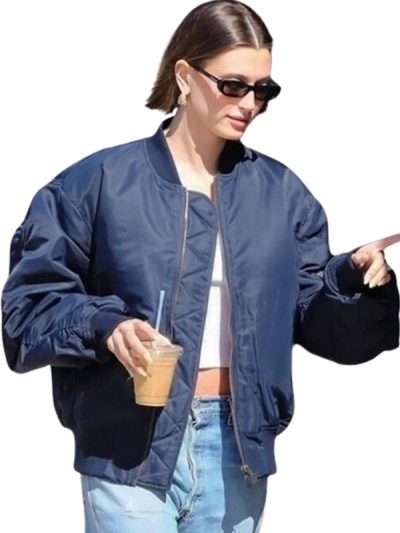 Hailey Bieber Navy Blue Bomber Jacket