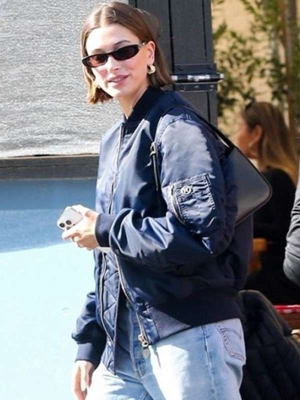 Hailey Bieber Los Angeles Street Style Blue Bomber Jacket