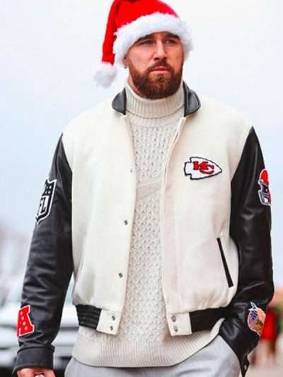 Travis Kelce Black and White Varsity Jacket