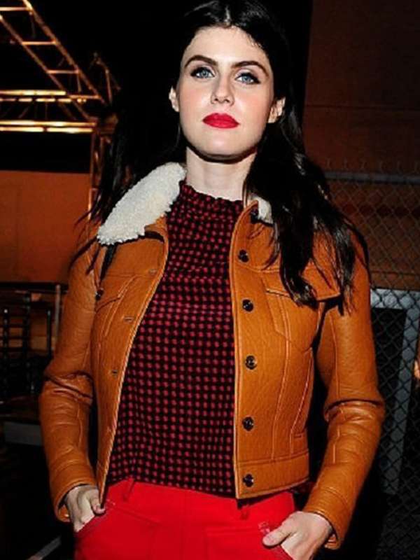 Alexandra Daddario Brown Leather Jacket With Fur Trim