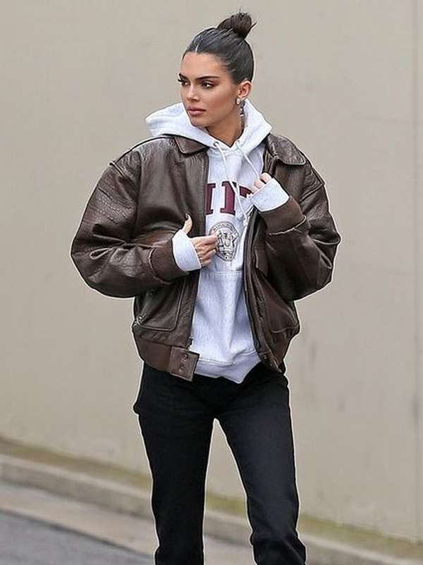 Kendall Jenner Street Style Bomber Leather Jacket