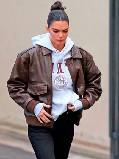 Kendall Jenner Street Style Brown Leather Jacket