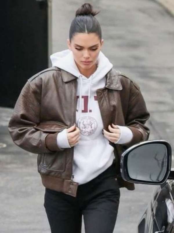 Kendall Jenner Street Style Brown Bomber Leather Jacket