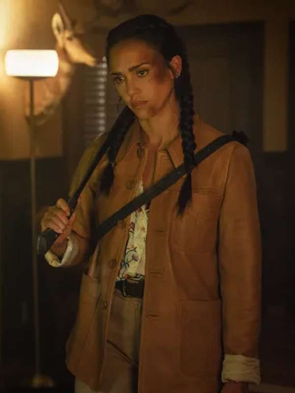 Jessica Alba Trigger Warning 2024 Brown Leather Jacket