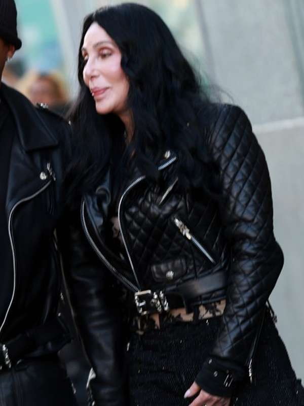 Cher The Bikeriders 2024 Black Quilted Leather Jacket