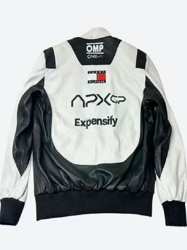 Brad Pitt Movie F1 White and Black Racer Leather Jacket