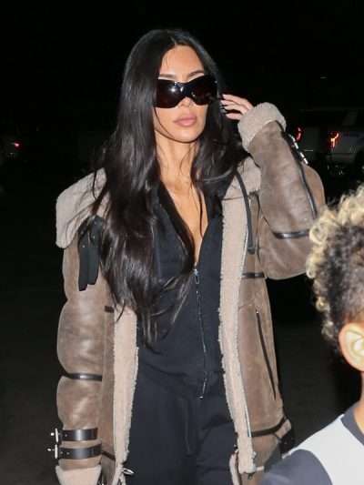 Kim Kardashian L A 2024 Shearling Brown Leather Coat