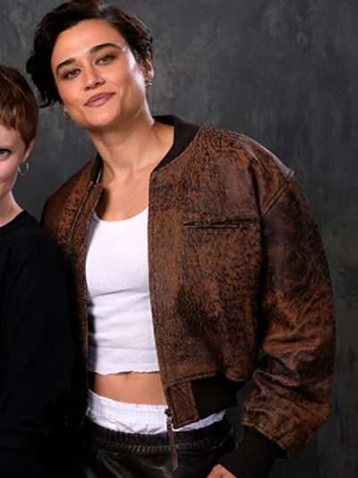 Katy O'Brian Love Lies Bleeding Movie Premiere Brown Bomber Leather Jacket