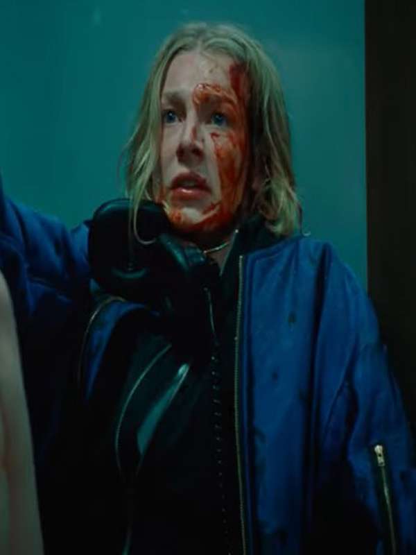Hunter Schafer Cuckoo 2024 Movie Gretchen Blue Bomber Jacket