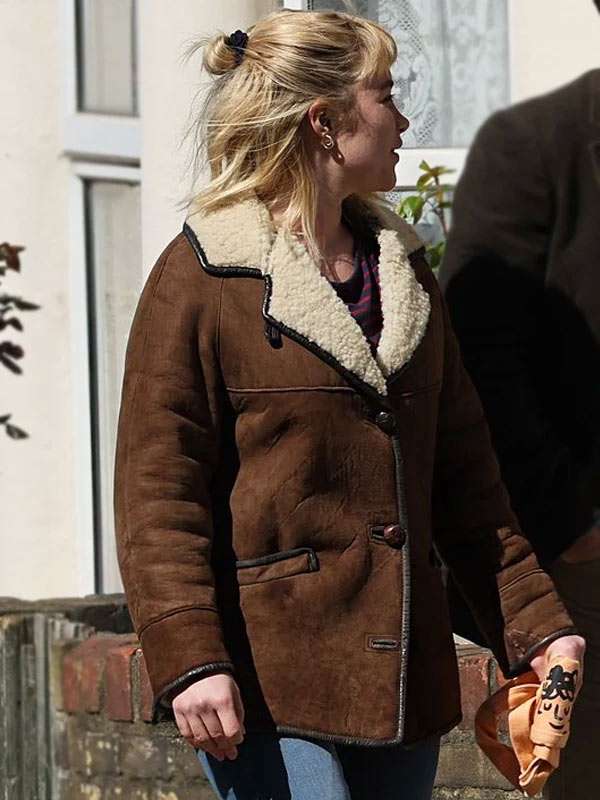 We Live in Time 2025 Florence Pugh Brown Leather Jacket