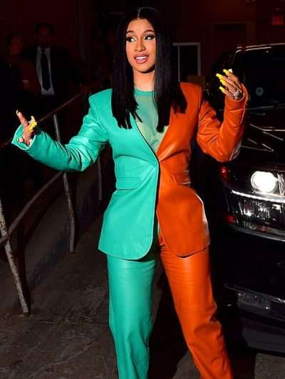 Cardi B Fashion Event Green and Brown Suit