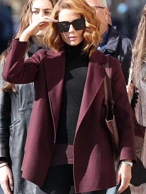 Kate Beckinsale Canary Black 2024 Maroon Coat