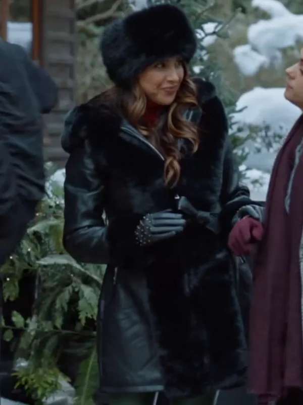 Daniella Monet Holiday Crashers 2024 Shearling Black Leather Coat