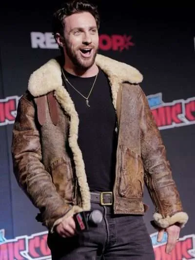 Aaron Taylor-Johnson Comic Con 2024 Shearling Brown Leather Jacket