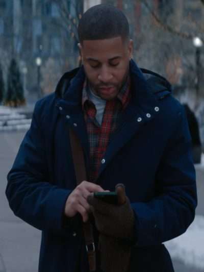 Meet Me Next Christmas 2024 Devale Ellis Blue Hooded Jacket