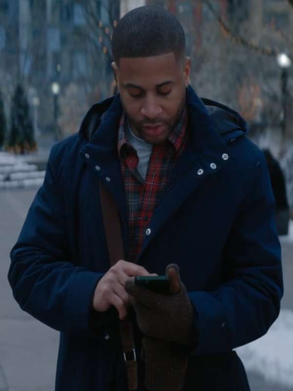 Meet Me Next Christmas 2024 Devale Ellis Blue Hooded Jacket