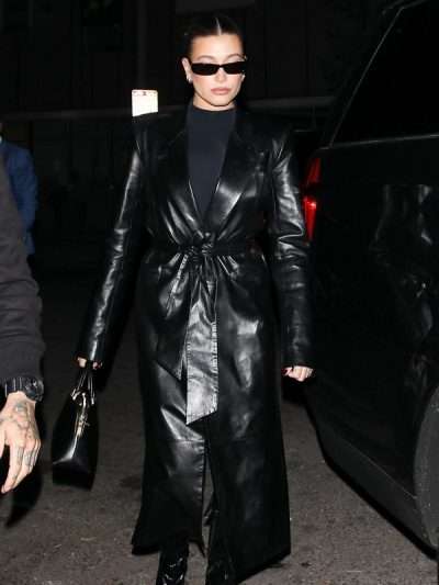 Hailey Bieber 2024 Black Leather Trench Coat
