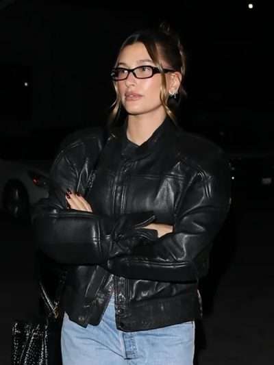 Hailey Bieber Black Leather Jacket
