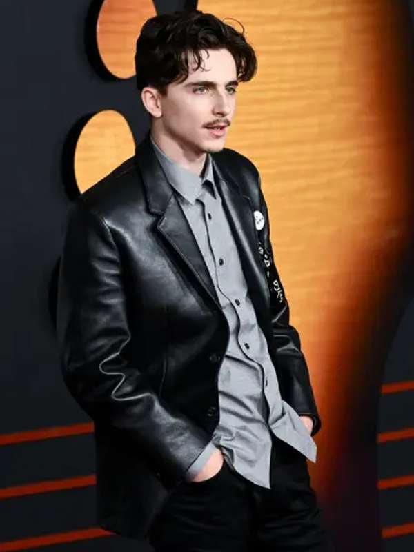 Timothée Chalamet A Complete Unknown Movie Premiere 2024 Black Leather Blazer