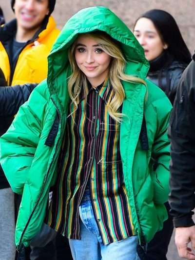 NYC Street Style Sabrina Carpenter Green Puffer Jacket