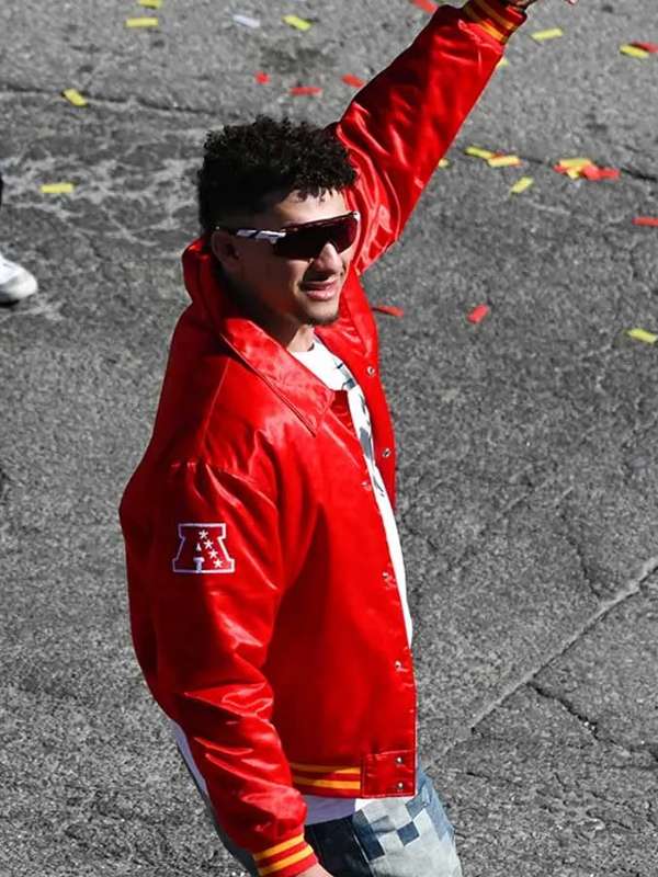 Patrick Mahomes Super Bowl 2024 Red Satin Bomber Jacket