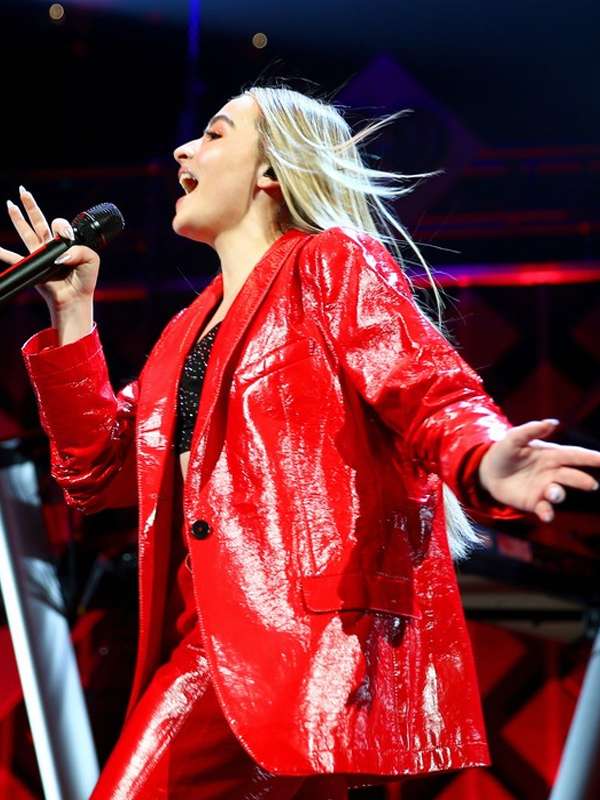 iHeartRadio Jingle Ball Sabrina Carpenter Red Leather Blazer