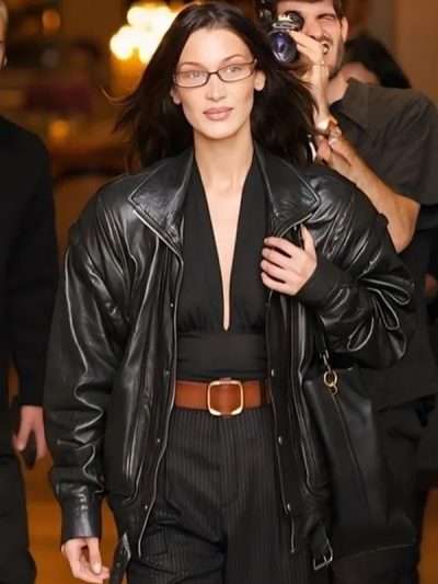 Bella Hadid Street Style 2024 Black Leather Jacket