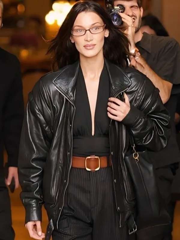 Bella Hadid Street Style 2024 Black Leather Jacket