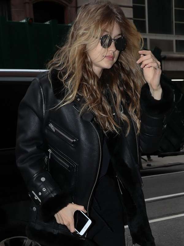 Model Gigi Hadid Black Leather and Shearling Jacket
