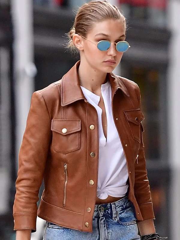 Model Gigi Hadid Brown Leather Motorcycle Jacket