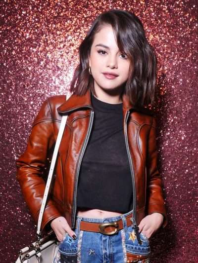 NYFW Selena Gomez Distressed Brown Leather Jacket