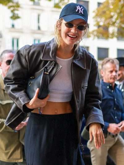 Gigi Hadid Paris Fashion Week 2023 Brown Leather Jacket