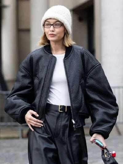 Gigi Hadid Oversized Black Leather Bomber Jacket