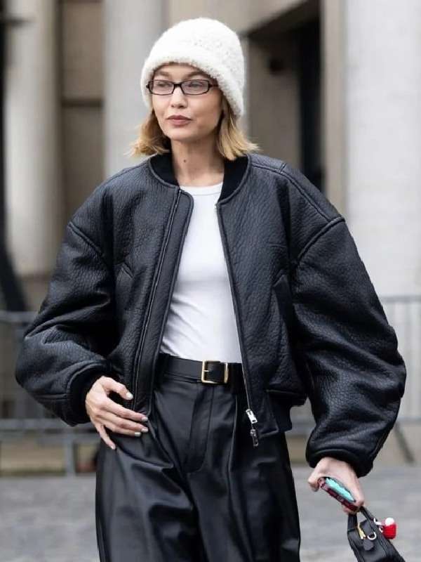 Gigi Hadid Oversized Black Leather Bomber Jacket