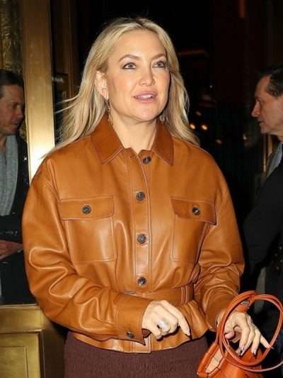 Kate Hudson 2025 Brown Leather Jacket