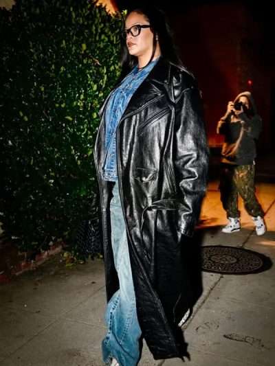 Street Style Singer Rihanna Black Leather Trench Coat