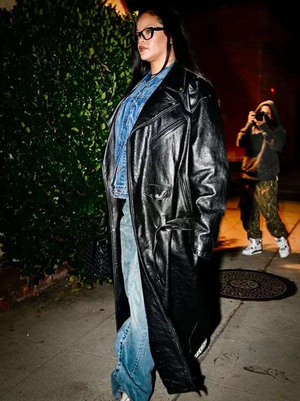 Street Style Singer Rihanna Black Leather Trench Coat