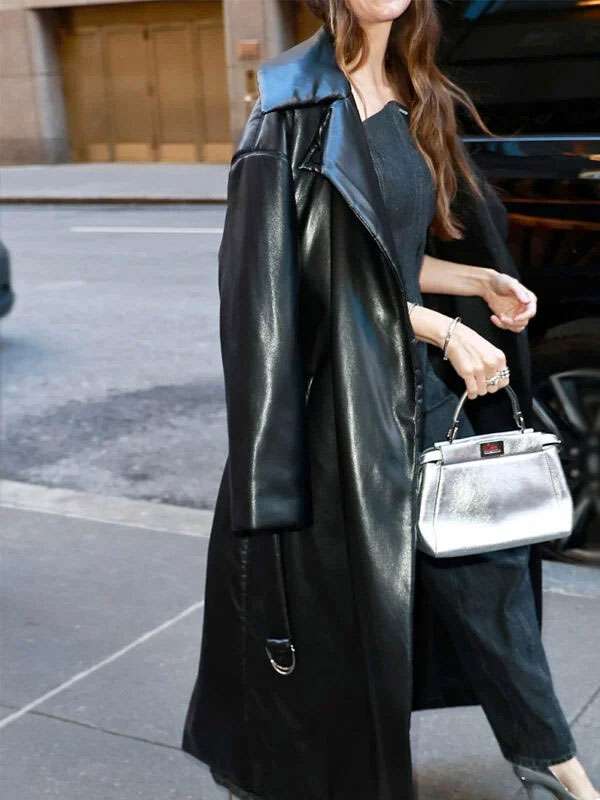 Alison Brie Together 2025 Black Leather Trench Coat